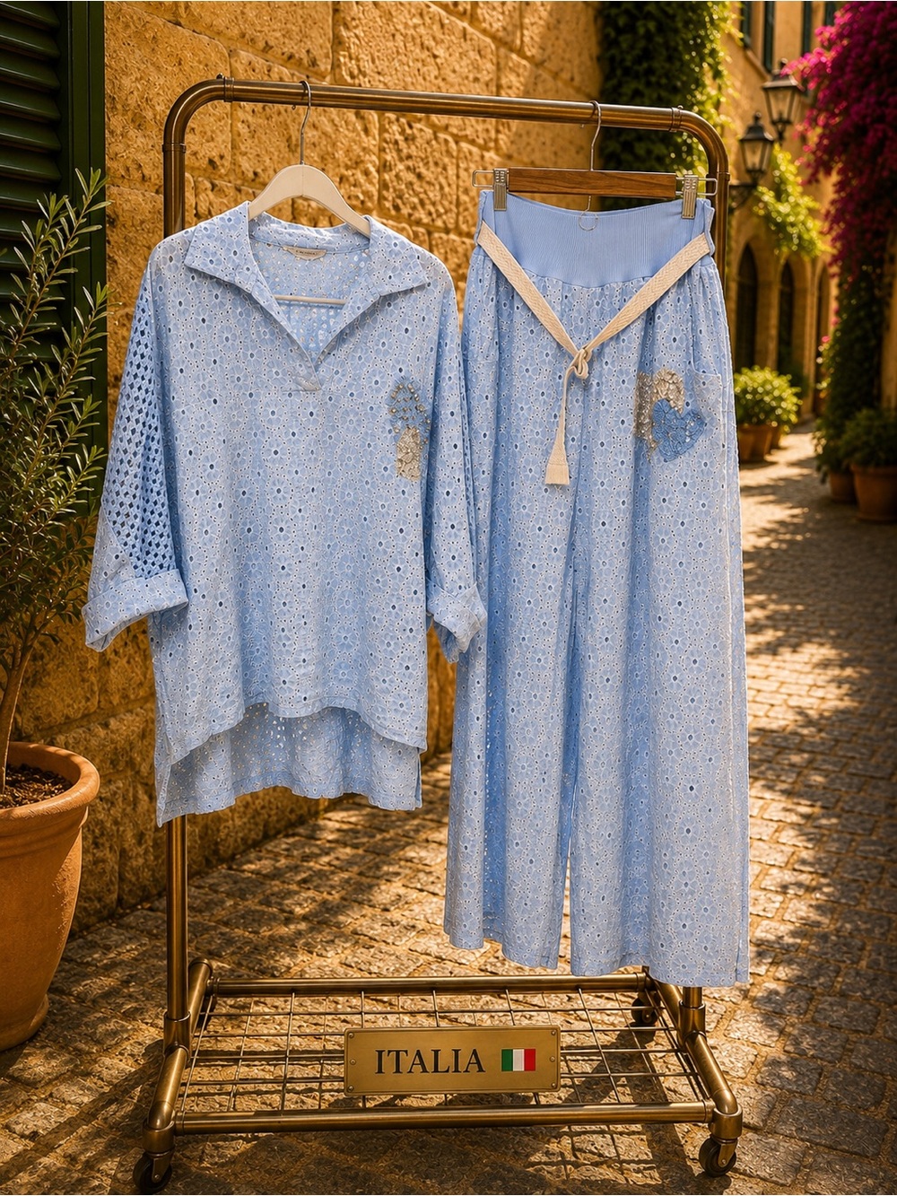 IT016 🇮🇹 Made in Italy Light Blue Eyelet Top & Wide Leg Pants Set